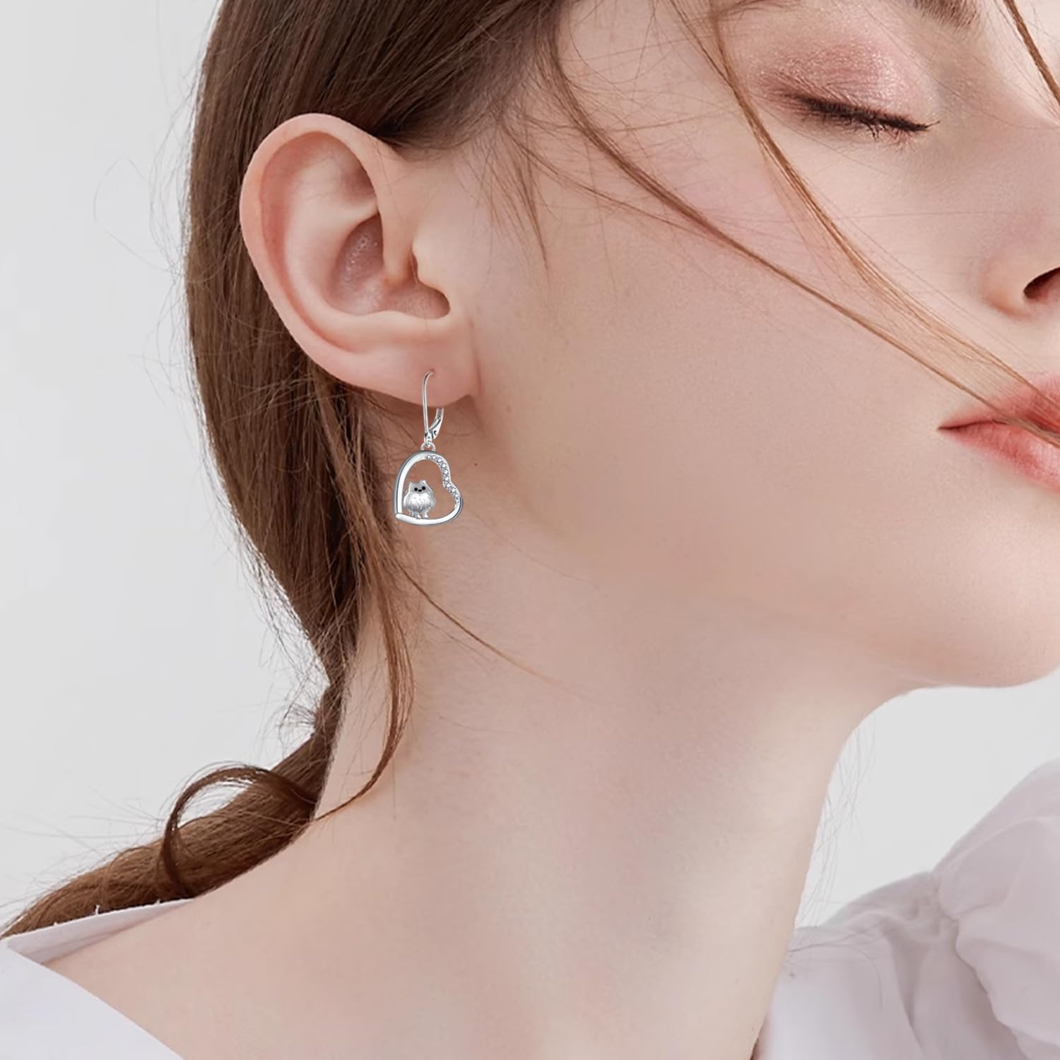 Pomeranian Earrings 925 Sterling Silver Pomeranian Dog Heart Dangle Earrings Jewelry Birthday Gifts for Women Pomeranian Lover