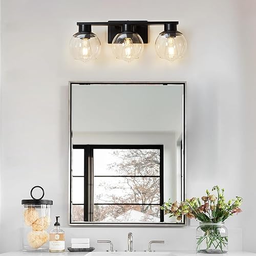 Miniatura 6 de 3 luces negras para tocador de baño, modernos accesorios de iluminación de baño con pantalla de vidrio de globo, lámpara de pared negra mate de 22