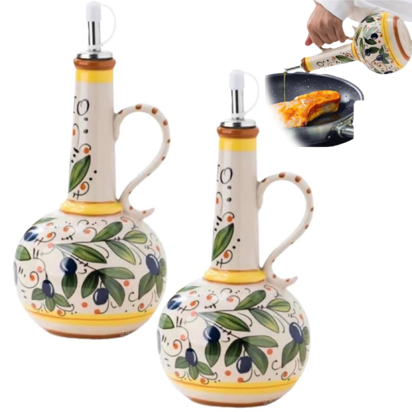 Botella dispensadora de aceite de oliva de 652.0 g, vinagrera de cerámica pintada a mano con boquilla de acero inoxidable para aceites de cocina, salsas, vinagre, juego de 2