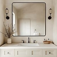 Vista 62 de ANDY STAR - Espejo de latón para baño, espejo rectangular redondeado de 22x30 pulgadas con marco de metal cepillado dorado, espejo de tocador