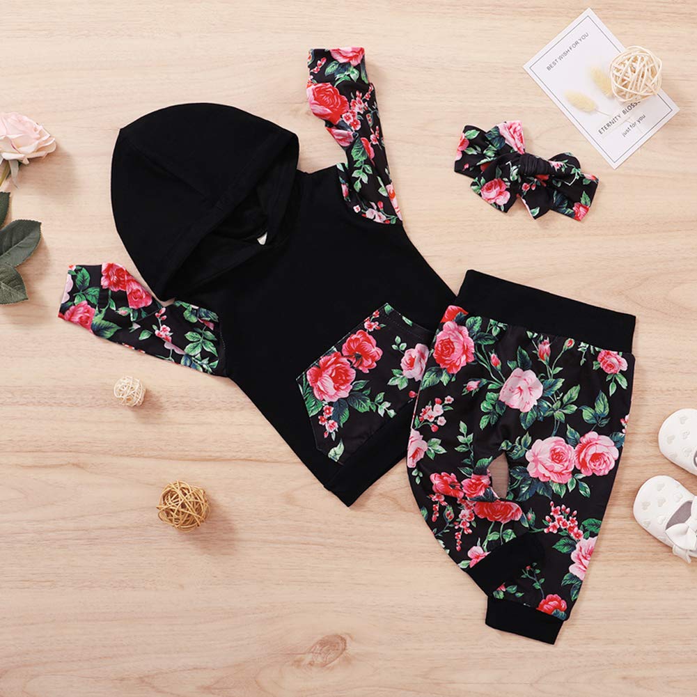 Newborn Baby Girl Fall Clothes Long Sleeve Hoodie Sweatshirt Top Floral Pants Outfits Set with Pocket/Headband (Black-Floral,0-6 Months)