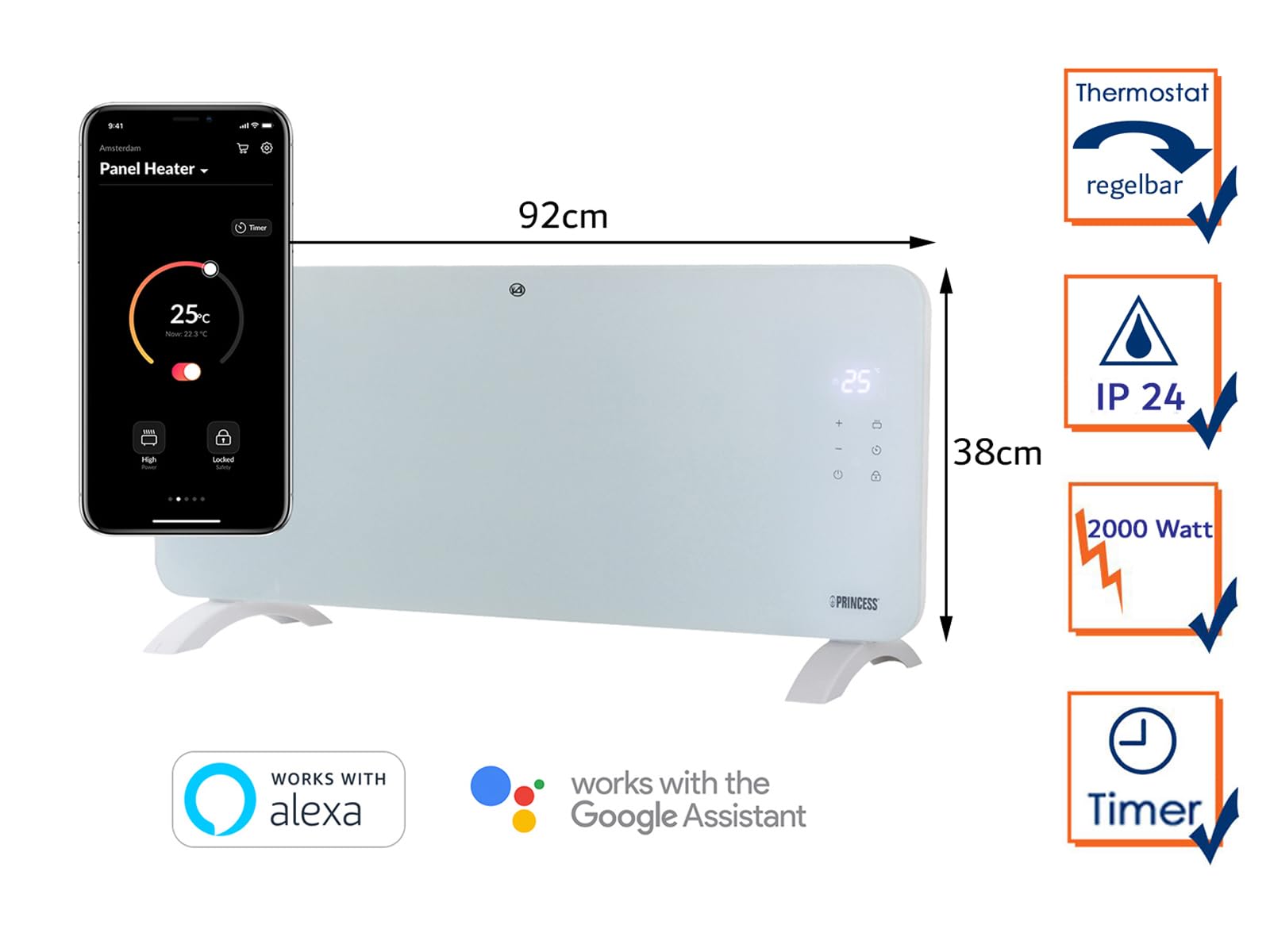 Princess Smart Convector Heater - 2000 W - sterowanie za pomocą darmowej aplikacji - szklany panel - możliwość montażu na ścianie - z ekranem dotykowym LED