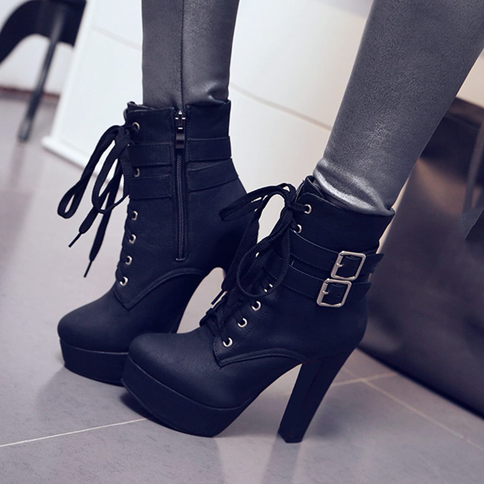 Onewus Damen Stiefeletten mit Absatz Plateau Stiefeletten mit Nieten