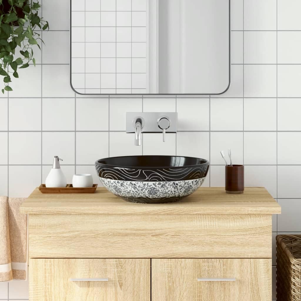 INLIFE Aufsatzwaschbecken Schwarz und Blau Rund Ø41x14 cm Keramik,Heimwerkerbedarf,Sanitärbedarf,Sanitärkeramik & Armaturen,Waschbecken & Spülen,Badezimmer-Waschbecken,Schwarz,10 KG,155063