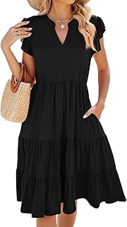 ZPLxi Summer Dress for Women's V Neck Pleated Sundress Ruffle Sleeveless Stretch Flowy Swing Midi Dress with Pockets