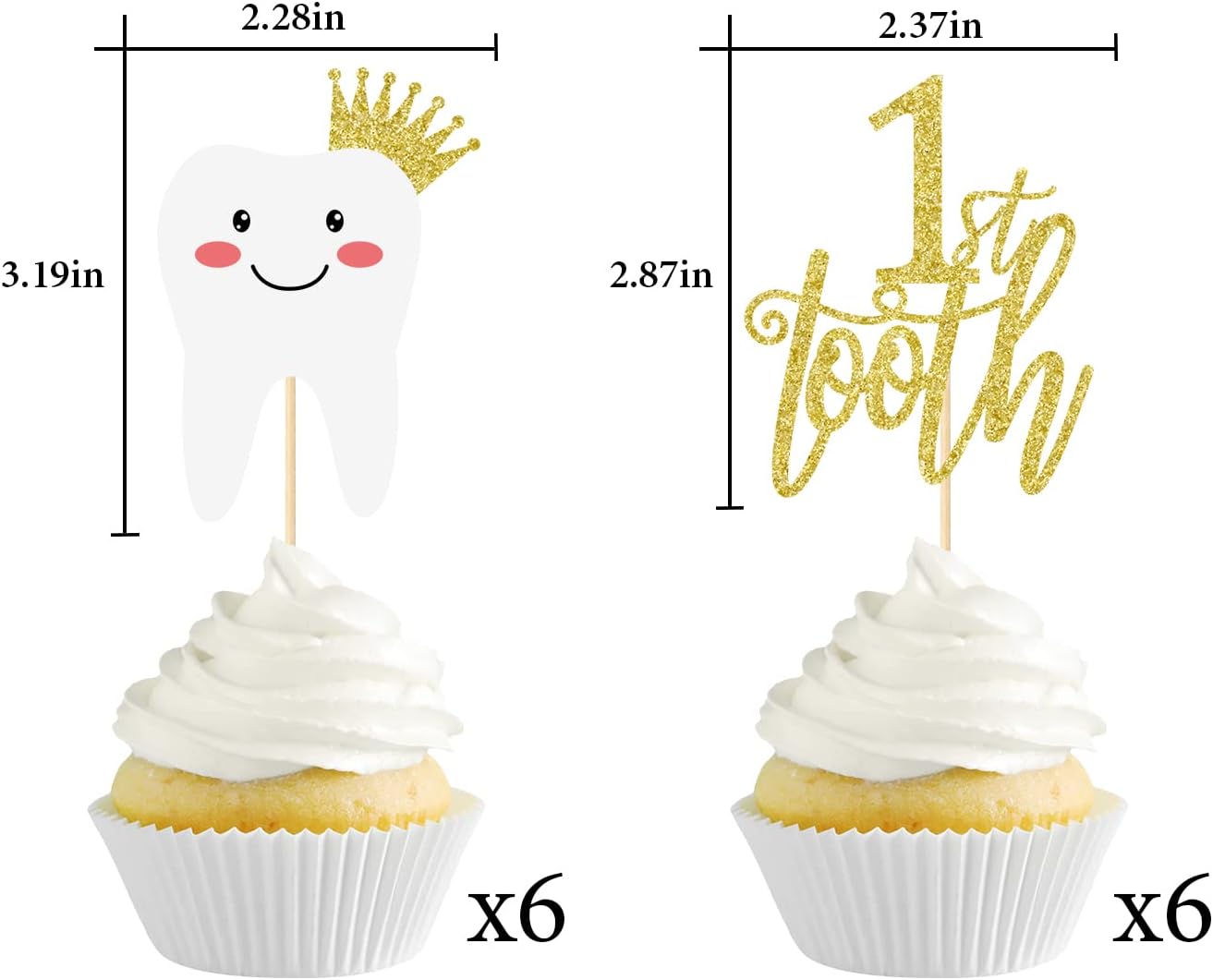 1st Tooth cupcake toppers, 12Pcs First Teething Party Decoration, Pre-assembled Double-Sided Glitter