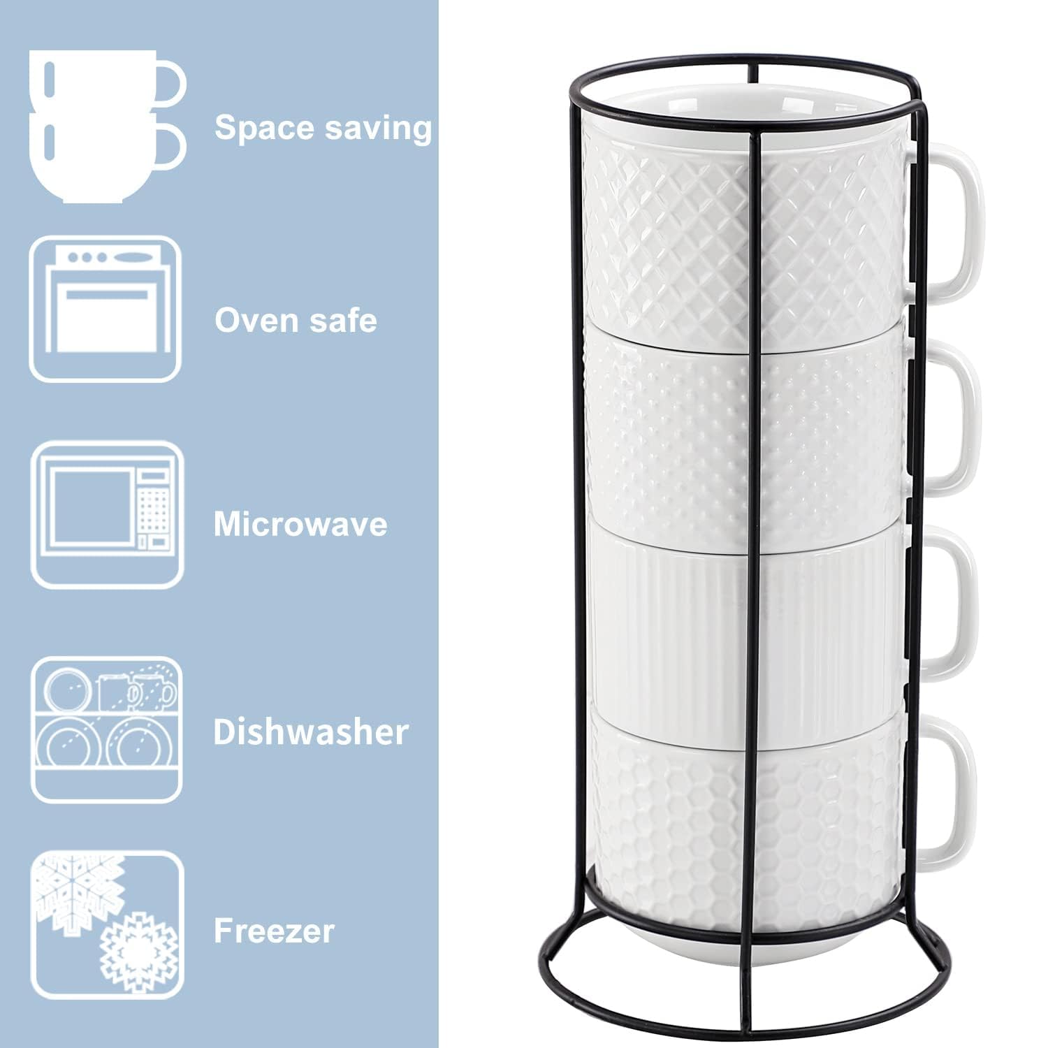 Buyajuju Juego de 4 tazas de café apilables de porcelana con soporte de metal, 13 onzas, apilables, diferentes portavasos de café en relieve para café, té, cacao, bebidas, color blanco