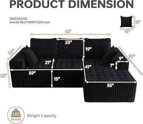 Miniatura 3 de Sofá modular Cloud de 96 pulgadas con diván en forma de L, sofá modular moderno de 4 asientos con bolsillos laterales, sofás tapizados para sala de