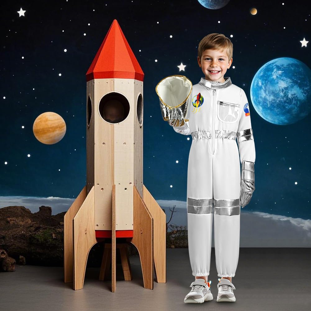 Aomig Kostium astronauty dla dzieci, unisex, zabawka, kosmiczna przygoda, strój z torbą i rękawiczkami, kosmonauta, fantazyjny kostium, dla dziewcząt lub chłopców, prezent na Światowy Dzień Książki