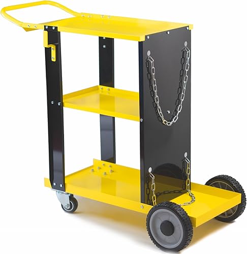 Carro de soldadura resistente para soldador MIG TIG cortador de plasma estante de 3 niveles con almacenamiento de tanque, amarillo y negro