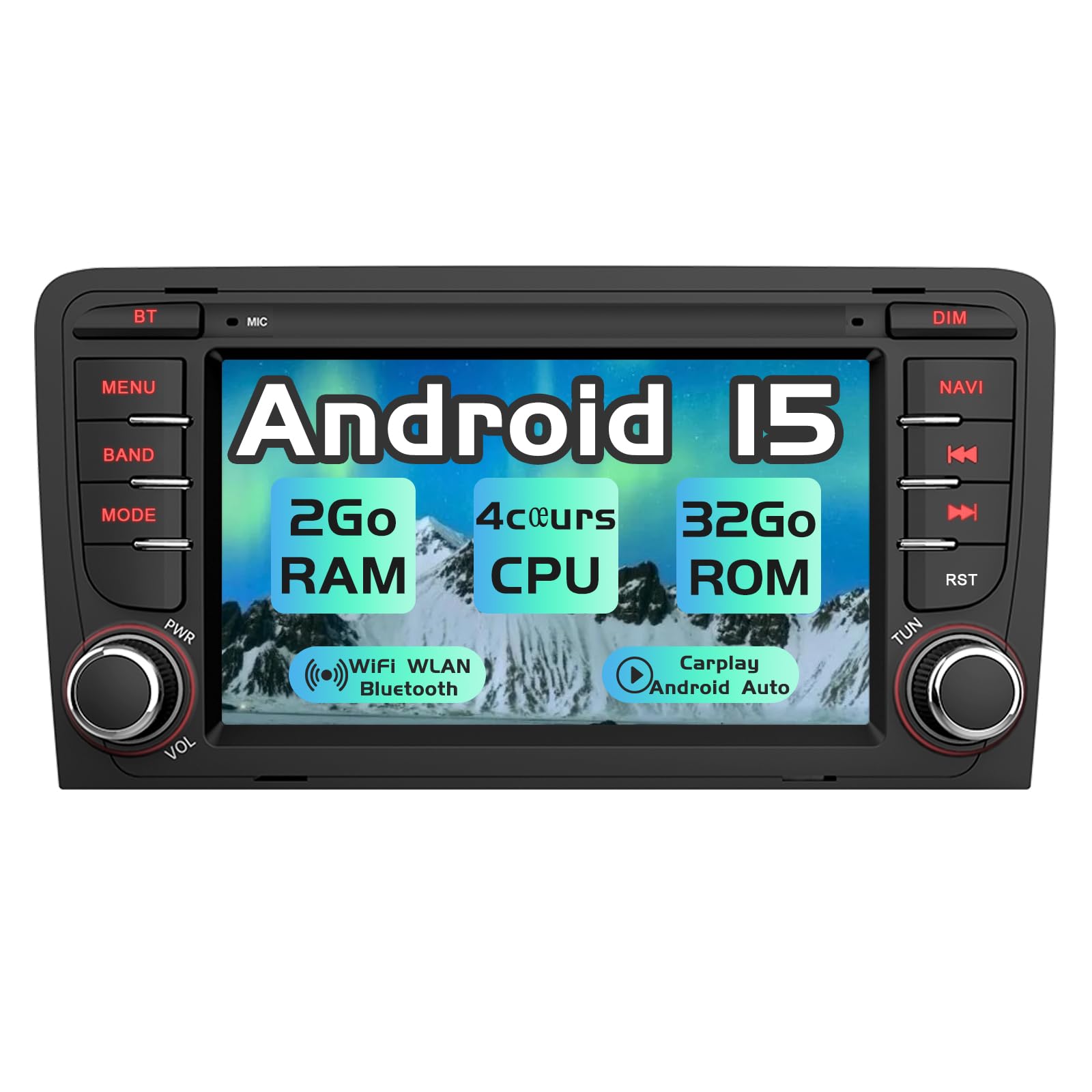 AWESAFE Autoradio Android 15 pour Audi A3 S3 RS3 8P (2003-2012), 7 Pouces Écran Tactile 2Go+32Go, CarPlay & Android Auto, GPS WiFi Bluetooth USB FM, Commandes au Volant