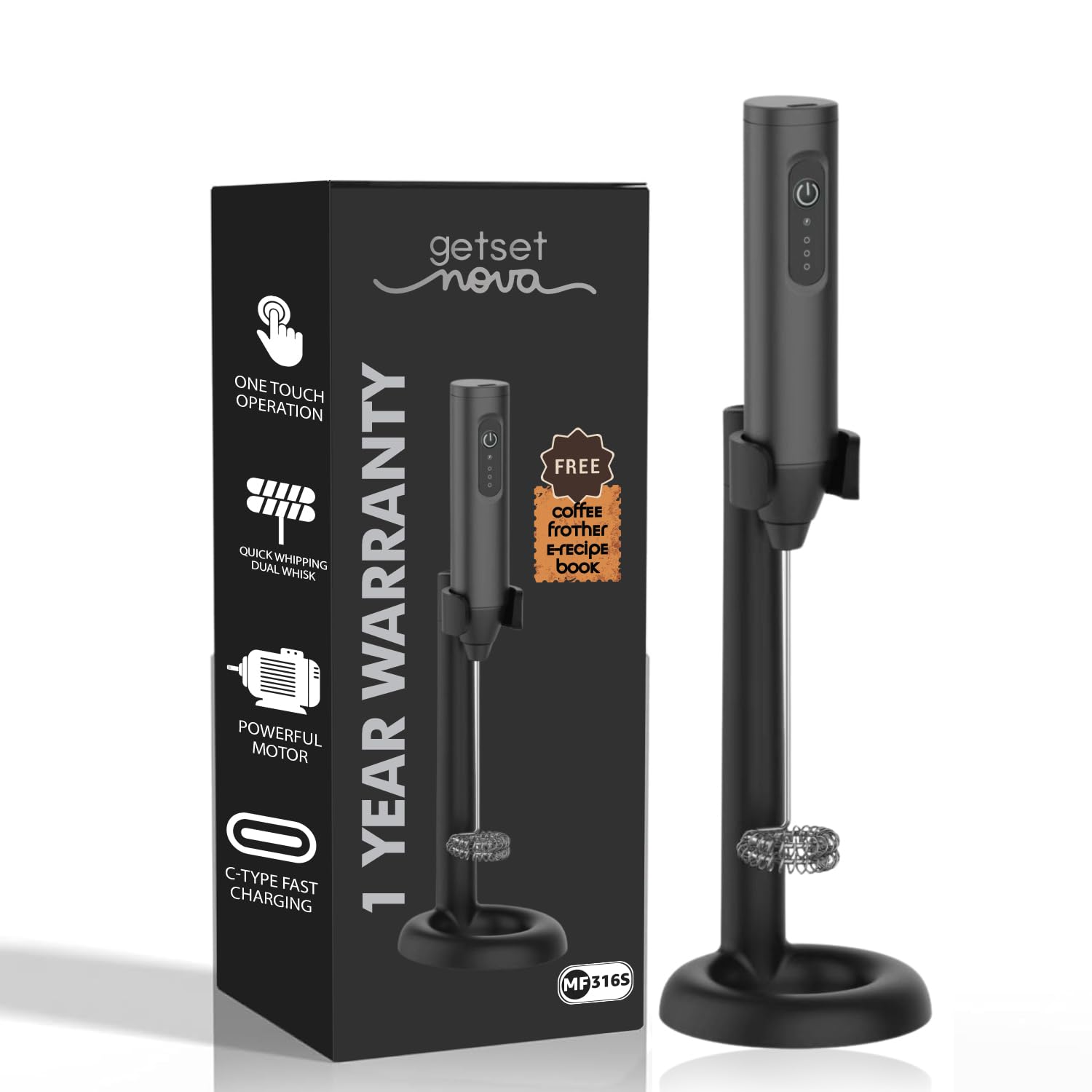 GetSetNova Rechargeable Milk Frother & Coffee Whisker with Dual Spring Tech | 1 Year Replacement Warranty | Free Coffee Frothing Recipe Book (Frother with Black Stand)