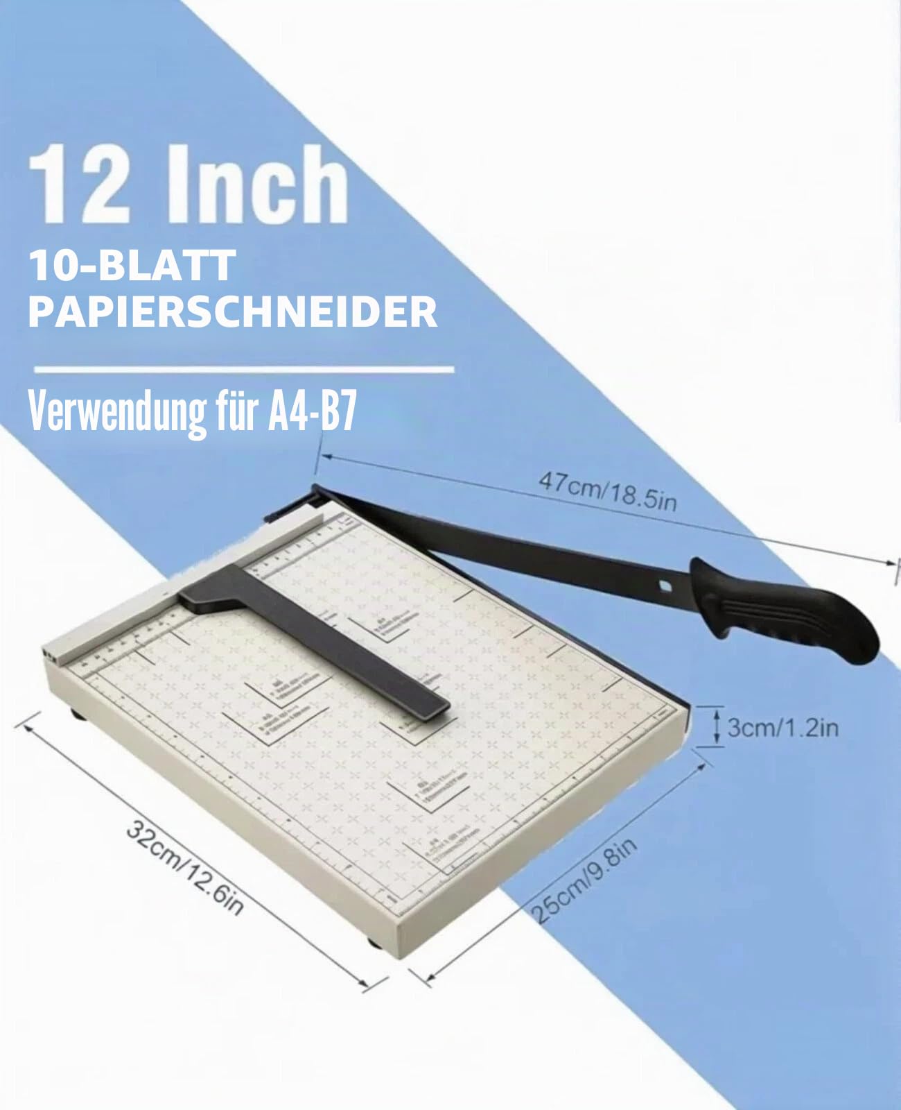 A4 Papierschneider Profi - 47cm Hebelschneider Metall max. 12 Blatt, Präzisions-Schneidegerät Guillotine Büro Schule, Weiß