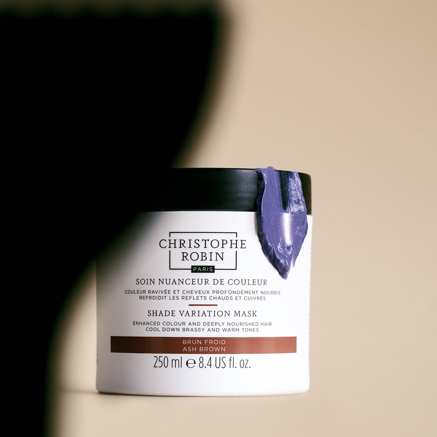 Christophe Robin Shade Variation Mask - Ash Brown 250ml – Deep Conditioning treatment for Brown hair - Instantly Neutralises Brassiness & Red Tones for Cool, 96% Natural Ingredients