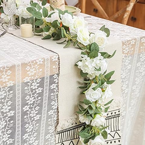 PARTY JOY 2pcs Artificial Flower Garland Fake Rose Vine Artificial Flowers Hanging Rose Ivy Hanging Baskets Wedding Arch Garden Background Decor (White, 2) Cover