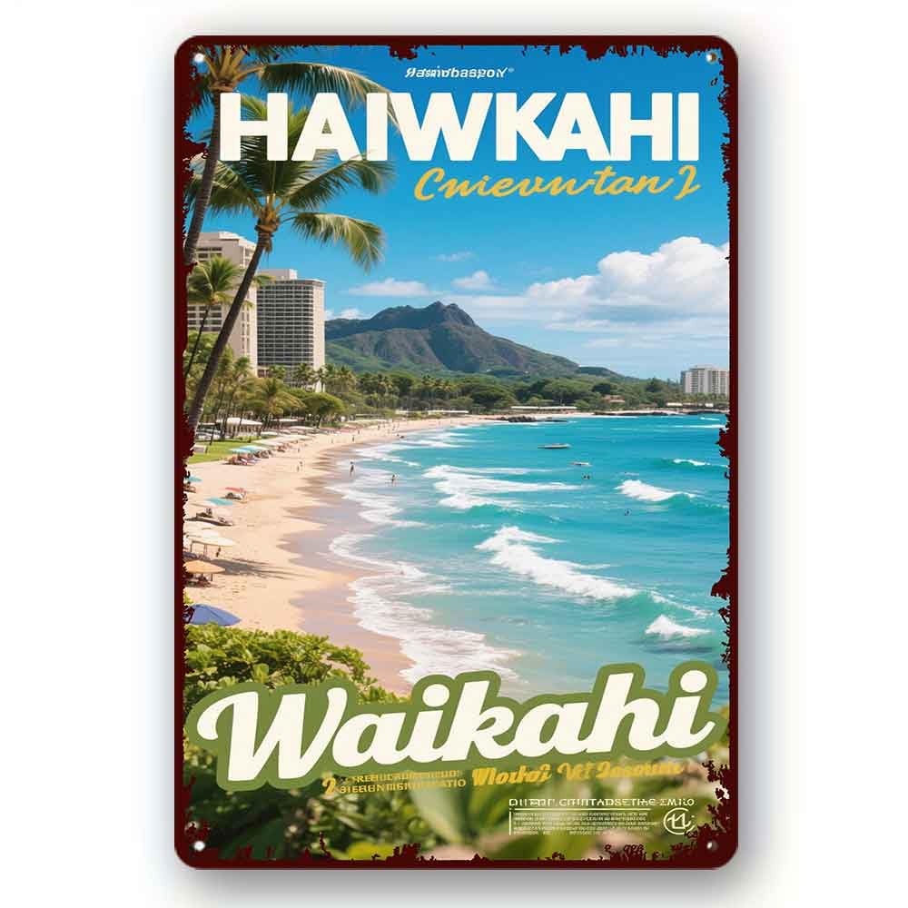 peiyeety Waikiki Hawaii Sign Tropical Paradise Decor Island Getaway Sign Aloha Wall Decor Hawaiian Gifts Retro Hawaiian Decor Metal Sign 8x12 Inch