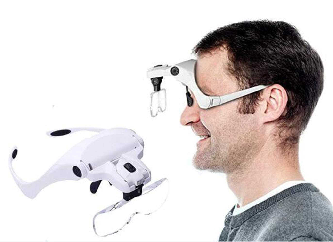 Kopfbandlupe mit 2 LED-Leuchten – Lesebrille mit Kopfhalterung, 5 austauschbare Linsen (1,0X, 1,5X, 2,0X, 2,5X),