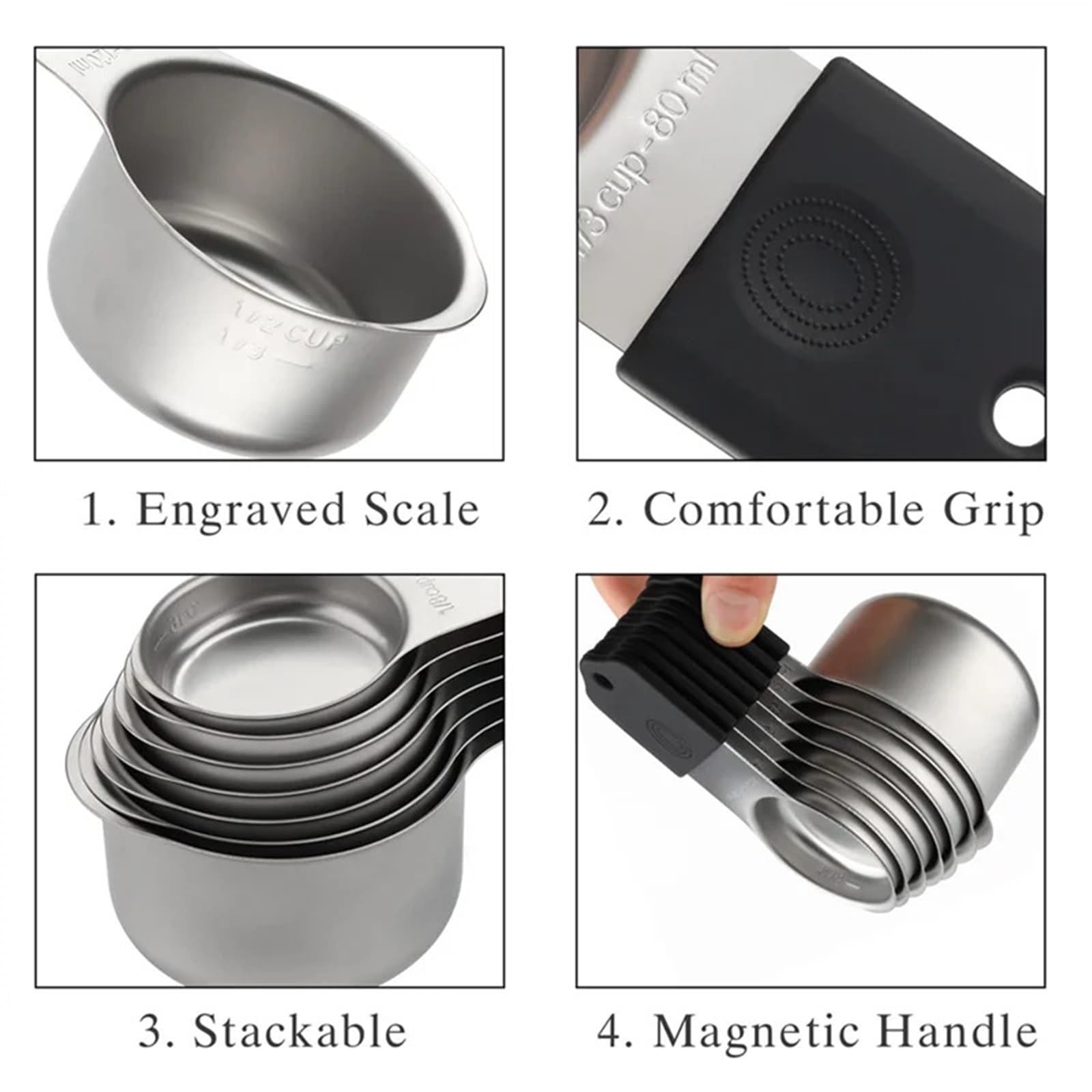 Juego de 16 tazas y cucharas medidoras magnéticas de acero inoxidable: 7 tazas resistentes y 8 cucharas de doble cara con nivelador.
