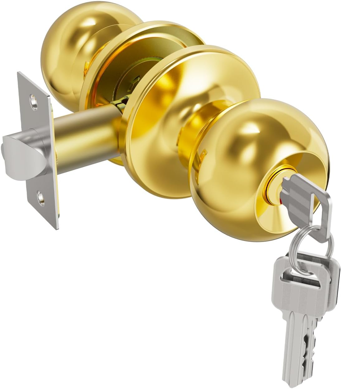 Gold Door Knobs with Lock and Keys, Interior and Exterior Door Lock Standard Ball Door Locks for Bedrooms Bathroom