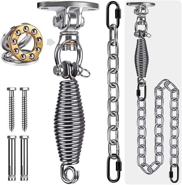 SELEWARE Kit de suspension pour chaise de hamac, porte-charnière à roulement avec ou sans ressort & Chaîne en acier inoxydable 360° Crochets pivotants, Mont de plafond pour accrocher à l'intérieur extérieur chaise de hamac Yoga Silk Punching Bag