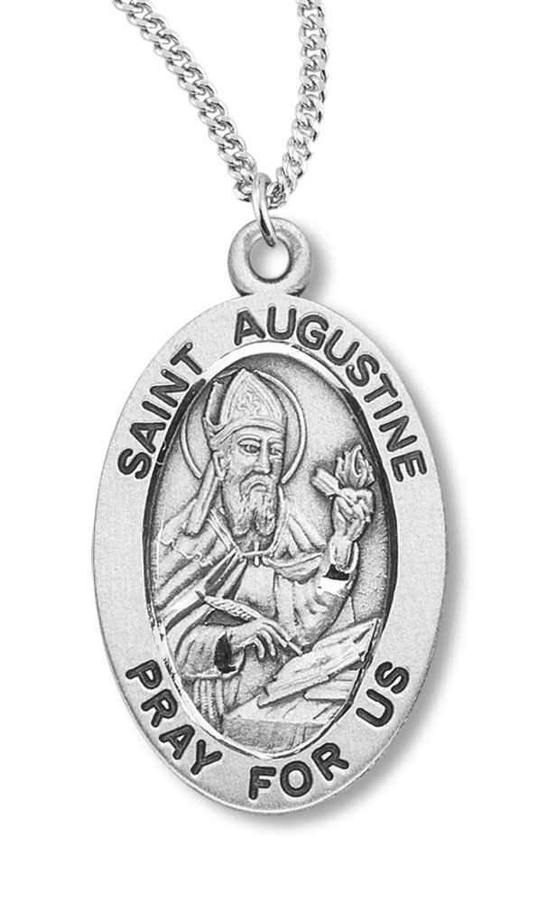 Heartland Store Boy's Sterling Silver Oval Saint Augustine Pendant + 20 Inch Rhodium Plated Chain & Clasp