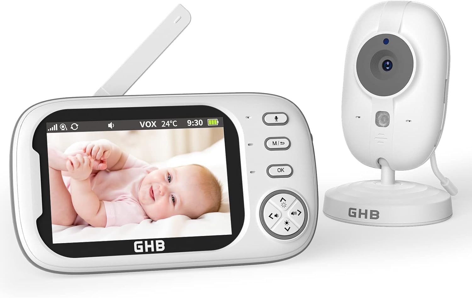 GHB Babyphone Aparat 3,5 cala, telefon dla niemowląt z kamerą dla niemowląt, monitorowanie VOX, tryb 2,4 GHz, bez WiFi, 8 kołysanek, noktowizor, czujnik temperatury, dwukierunkowa komunikacja