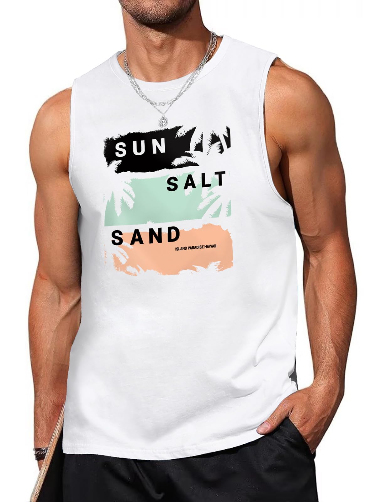 Lonya Tank Top Herren Baumwolle Printed Ärmellos Achselshirt Sport Muskelshirt Sommer Fitness Gym Unterhemd Palmblatt Gedruckt Briefdruck Hawaii Strand Urlaub Lockeres Tee Tops