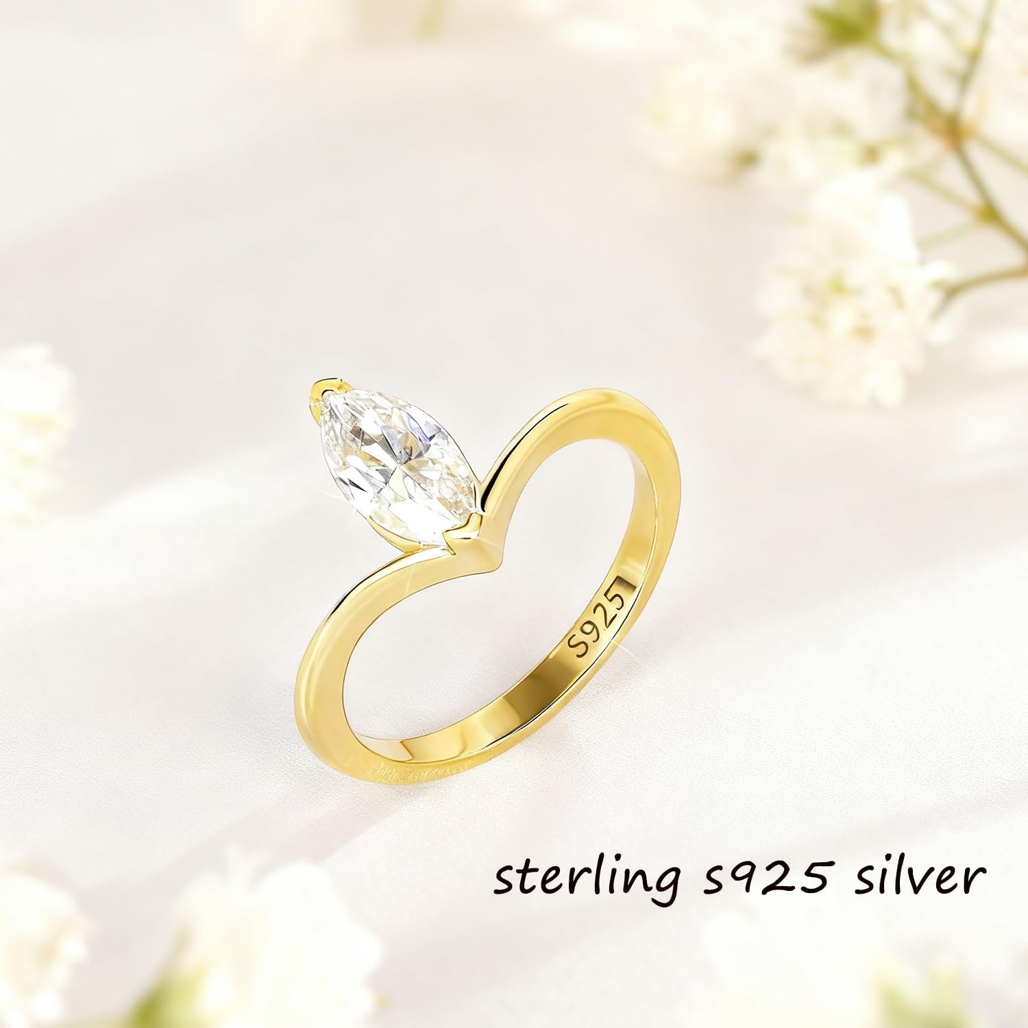 14K Gold Mossanite Ring For Women, Solitaire Marquise Cut Engagement Ring, Sterling S925 Silver Promise Ring For Her, Wave Wedding Ring