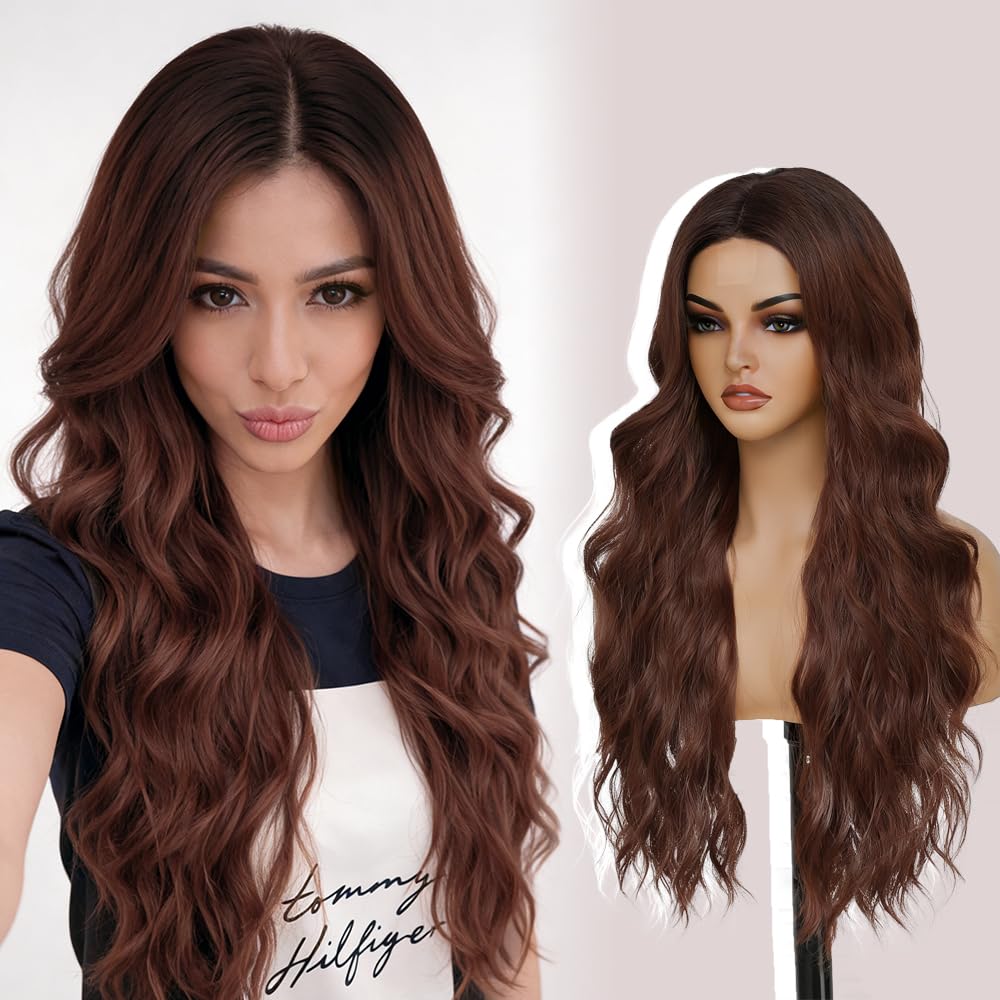 HMHIFI Long Auburn Wavy Wigs for Women Upgraded Protein Fiber Natural Looking Middle Part Synthetic Curly Hair Heat Resistant Fiber for Daily Party