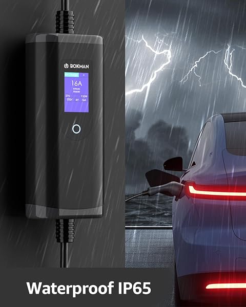 bokman EV Charger 7kW Type 2 to CEE Plug, 5M / 6-32A Adjustable Current / 1 Phase / IP65 Waterproof, Electric Car Charging Cable with LED Display and Commando Plug - 5