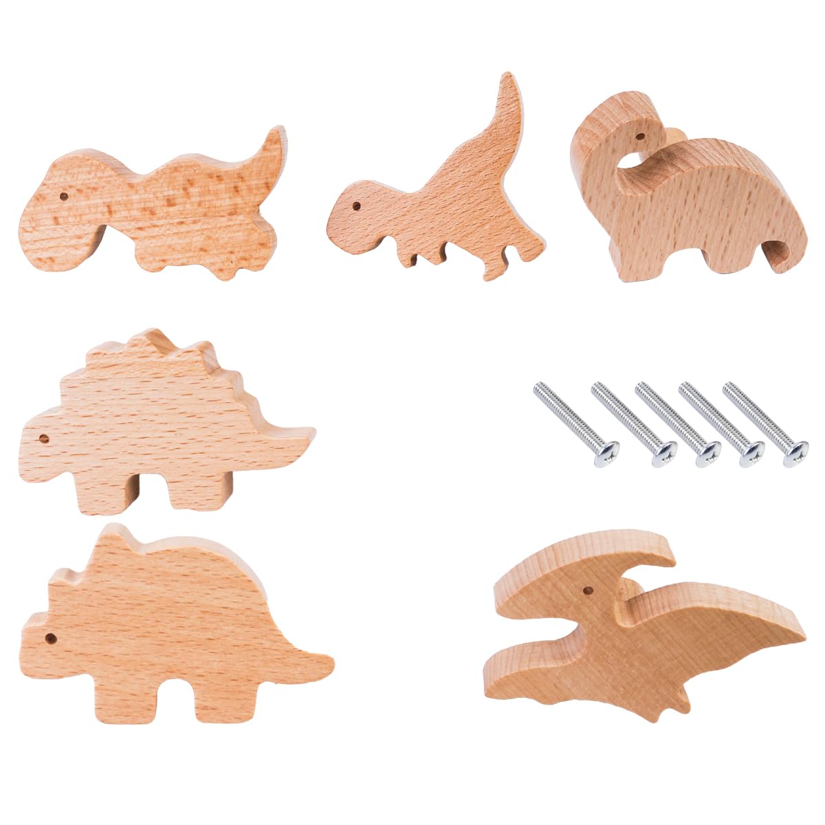 Laroal 6pcs Solid Wood Dinosaur Handles –Creative Drawer and Cabinet Pulls with 6 Unique Dinosaur Designs,Includes Mounting Screws,Perfect for Wardrobes and Drawers