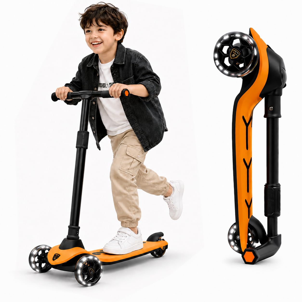 Toyana 3 Wheel Scooter for Kids with LED Light Up Wheels, Easy Foldable Toddler Scooter, Adjustable Height Handlebar Up To 77 cm, Lean to Steer Design for Boys & Girls Aged 3+ Years - Orange