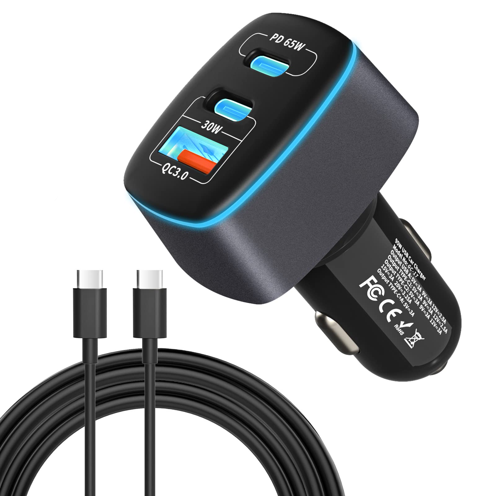 HOMELYLIFEUSB C Car Charger, 95W PD 65W+QC 3.0 30W Cigarette Lighter Charger 3 Port, Car Charger Adapter Fast Charge Compatible with iPhone 13/12/11/Pro Max, Samsung Galaxy S22/S21/S20, Laptops, iPad