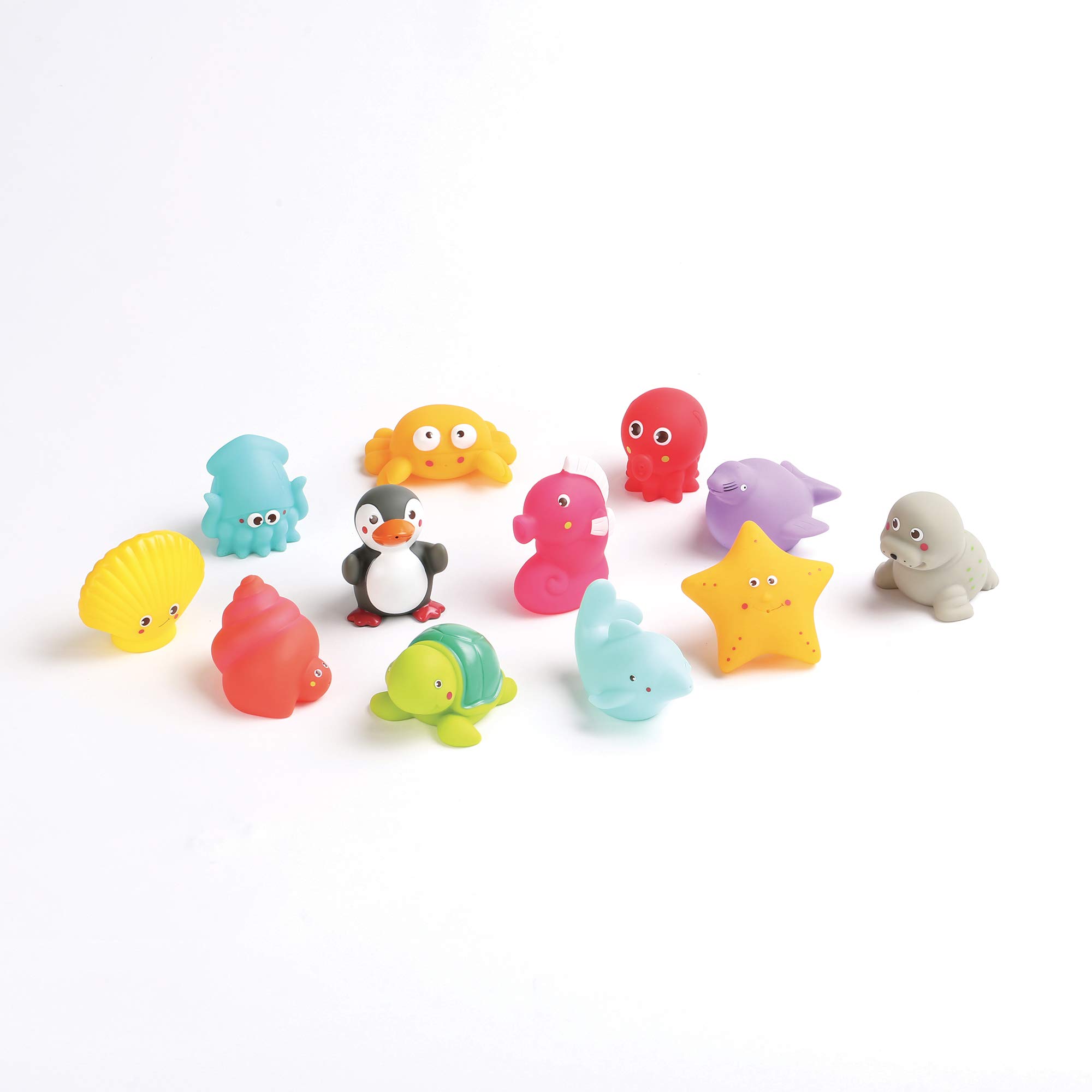 LUDI - 12 Animaux Marins en Plastique pour Jouer dans Le Bain. Dès 6 Mois. Animaux arroseurs rigolos. Sac de Rangement Inclus. Jouet à emmener à la Plage - Aspergeurs 12 Mers - réf. 2174