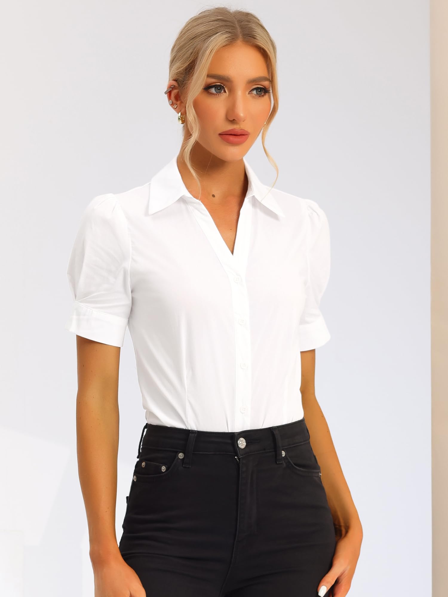 Allegra K Chemisier Body Femme de Bureau Boutonné Bodysuit Une Pièce à Manches Courtes Chemise de Travail