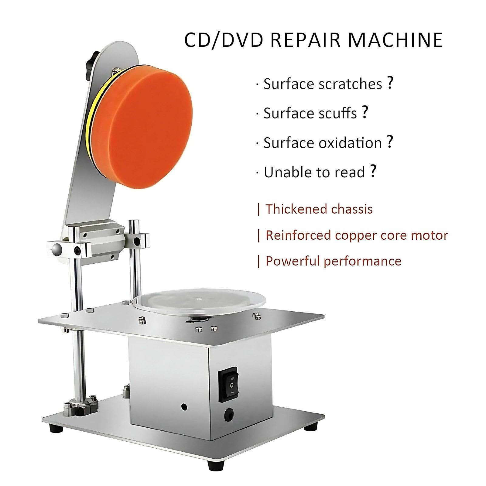 Máquina pulidora de discos para CD, DVD, herramienta de reparación de arañazos, control de 7 velocidades, 6000 r/min, velocidad ajustable, acero inoxidable para molienda de discos y recuperación de