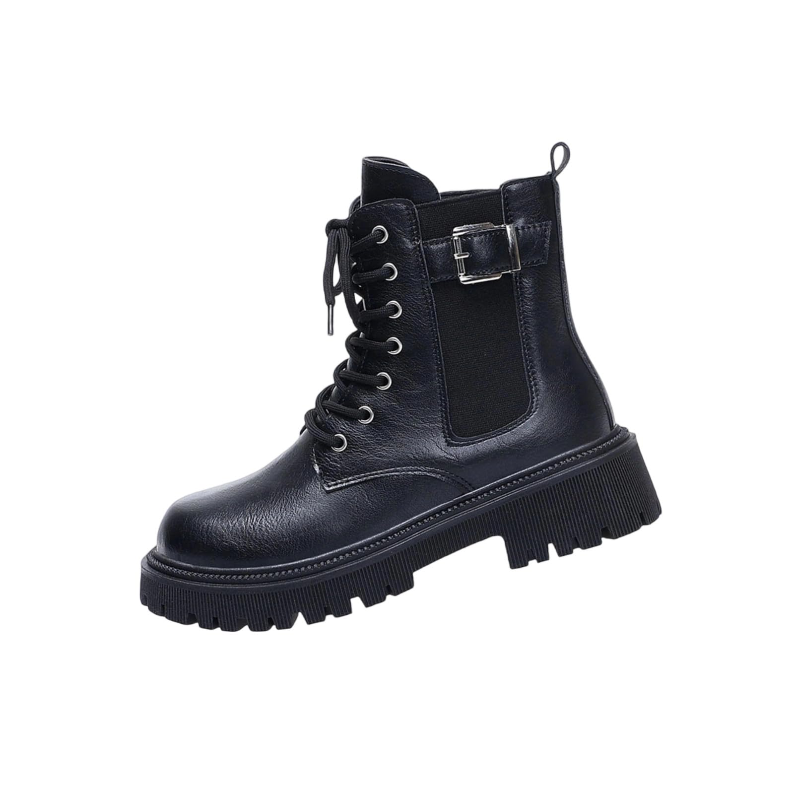 Womens Lace Up Riding Boots Mid Calf Combat Boots With Side Zipper Waterproof PU Leather Punk Goth Style