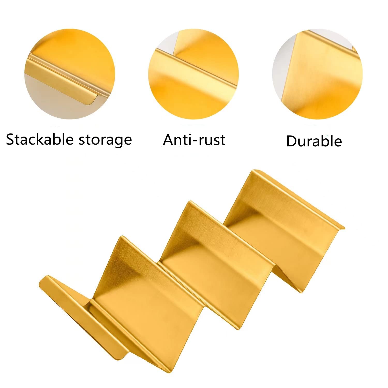 Lot de 6 supports à tacos dorés avec poignées pour fête, lot de 6 plateaux à tacos en acier inoxydable, peut contenir jusqu'à 3 tacos chacun empilable, passe au lave-vaisselle et au four