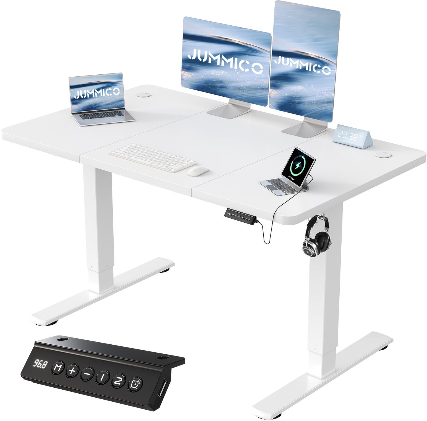JUMMICO Höhenverstellbarer Schreibtisch mit USB-Ladeanschluss 120 x 60 cm, Schreibtisch Höhenverstellbar Elektrisch, Steh-Sitz Tisch Stehpult Verstellbarer Computertisch,Standing Desk,Weiß