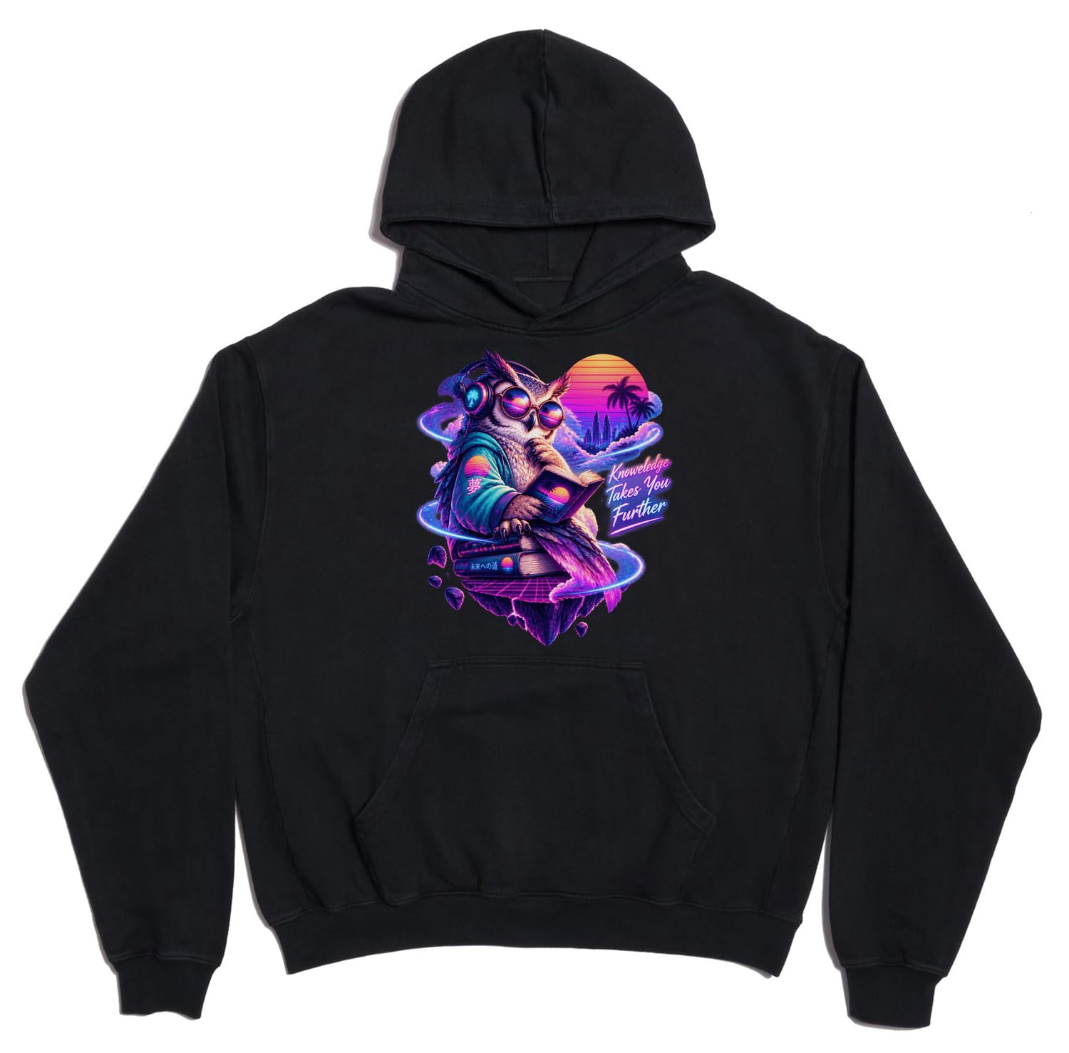 Sowa czytająca książki w neonowym świecie fantasy unisex oversize ciężka mieszanka bawełny bluza z kapturem czarna