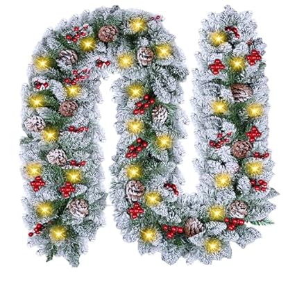 Foto di Ghirlanda natalizia con illuminazione 30 LED - Ghirlanda di abete da 2,7 m con palline di fiori illuminate - Ghirlanda natalizia in rattan natalizia per scale interni esterni natalizi