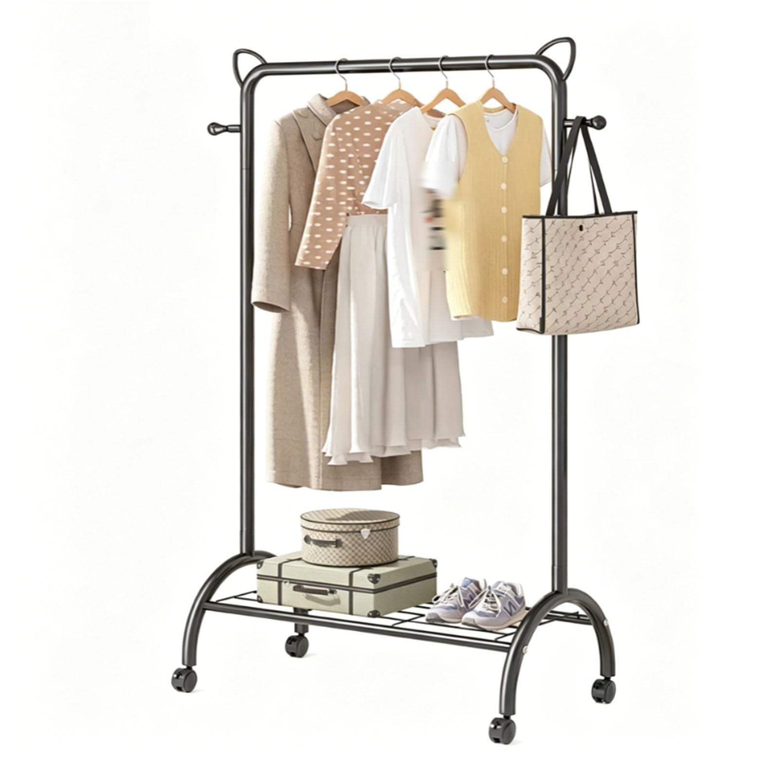 YAOHY Rack for Hanging Clothes, Clothing Rack On Wheels, Rolling Garment Rack With Mesh Storage Shelf Sturdy Metal Frame, for Hanging Clothes, Coats, Skirts(Black,23.6in/60cm)