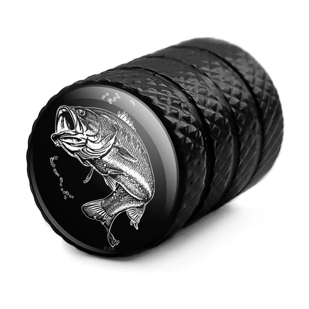 Largemouth Bass Fishing Illustration Motorcycle Bicycle Bike Tire Rim Wheel Aluminum Valve Stem Caps - Black