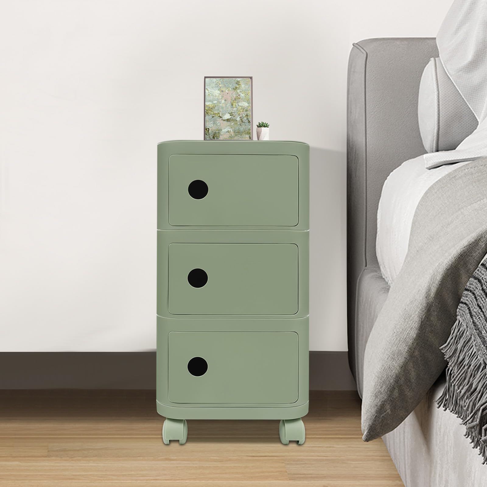 Caisson de rangement à roulettes, Caisson de rangement avec 3 tiroirs, Classeur sous le bureau, Classeur à roulettes pour le bureau et la maison (Vert Matcha)