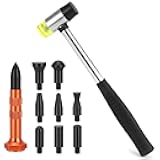 QWORK 10Pcs Car Dent Repair Paintless Removal Tool Kit - Stainless Steel Tap Down Pen with 9 Replaceable Heads & Rubber Hammer