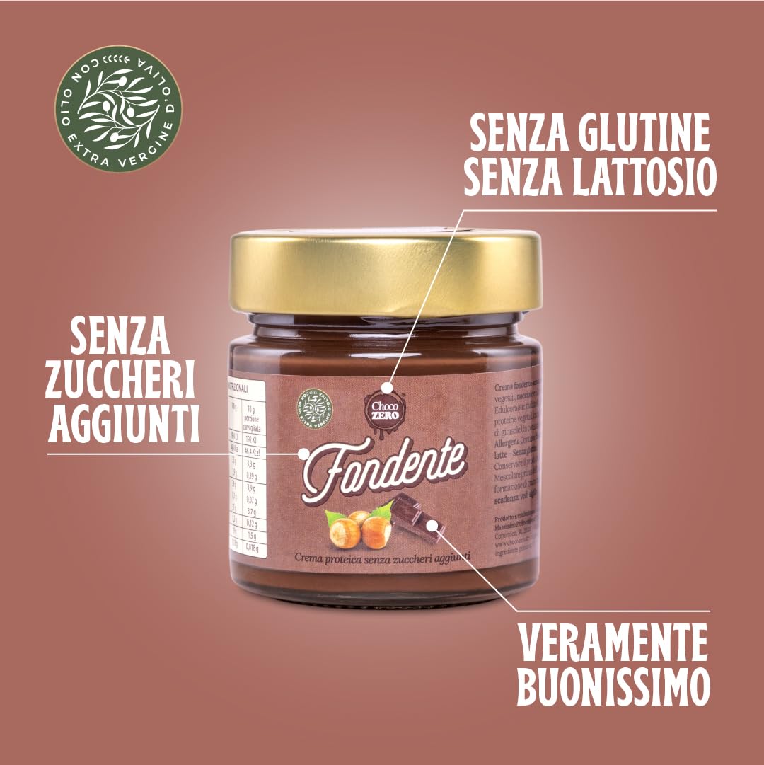 Choco Zero – Crema Proteica Crema Spalmabile Senza Zuccheri Aggiunti, Senza Glutine, Senza Lattosio, Vegano Vasetto da 200 g (3 Pezzi, Cioccolato Fondente)
