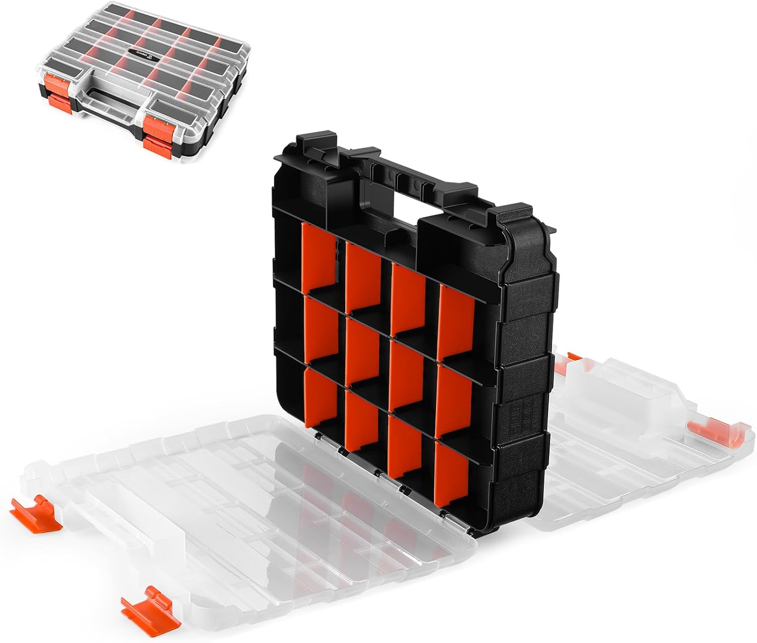 DEKO Boîte de Rangement Plastique Double Face 320 x 270 x 80 mm – 2 Côtés pour Accessoires et Petites Pièces – Boite Rangement avec 34 Compartiments Réglables pour Tri – Boîte de Rangement Outils