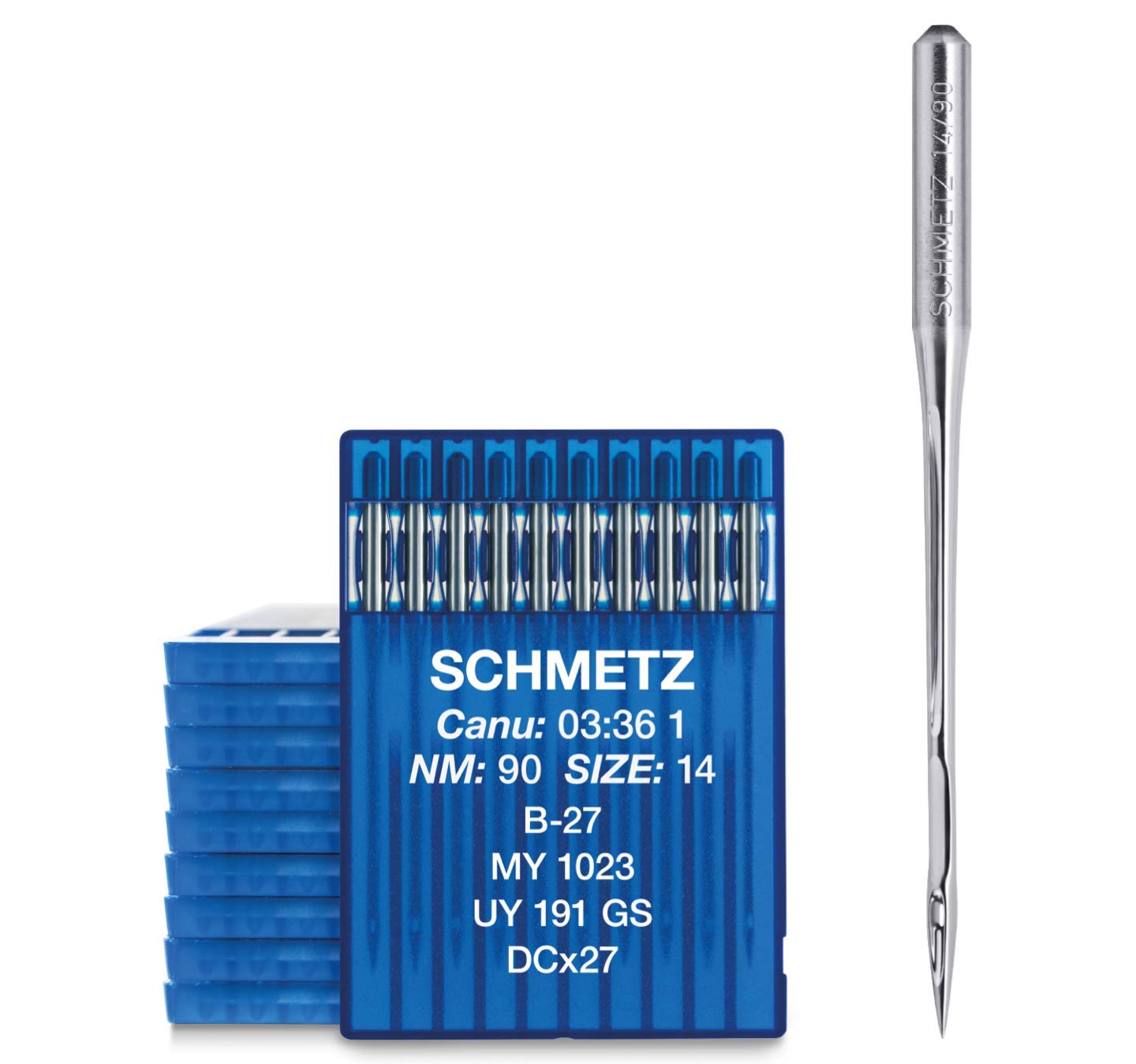 SCHMETZ | 100 przemysłowych igieł do maszyn do szycia, okrągłe, B-27, MY 1023, UY 191 GS, DCX27 i RIM 27, grubość drutów 90/14, wskazówka: należy sprawdzić zalecany system igieł w instrukcji obsługi