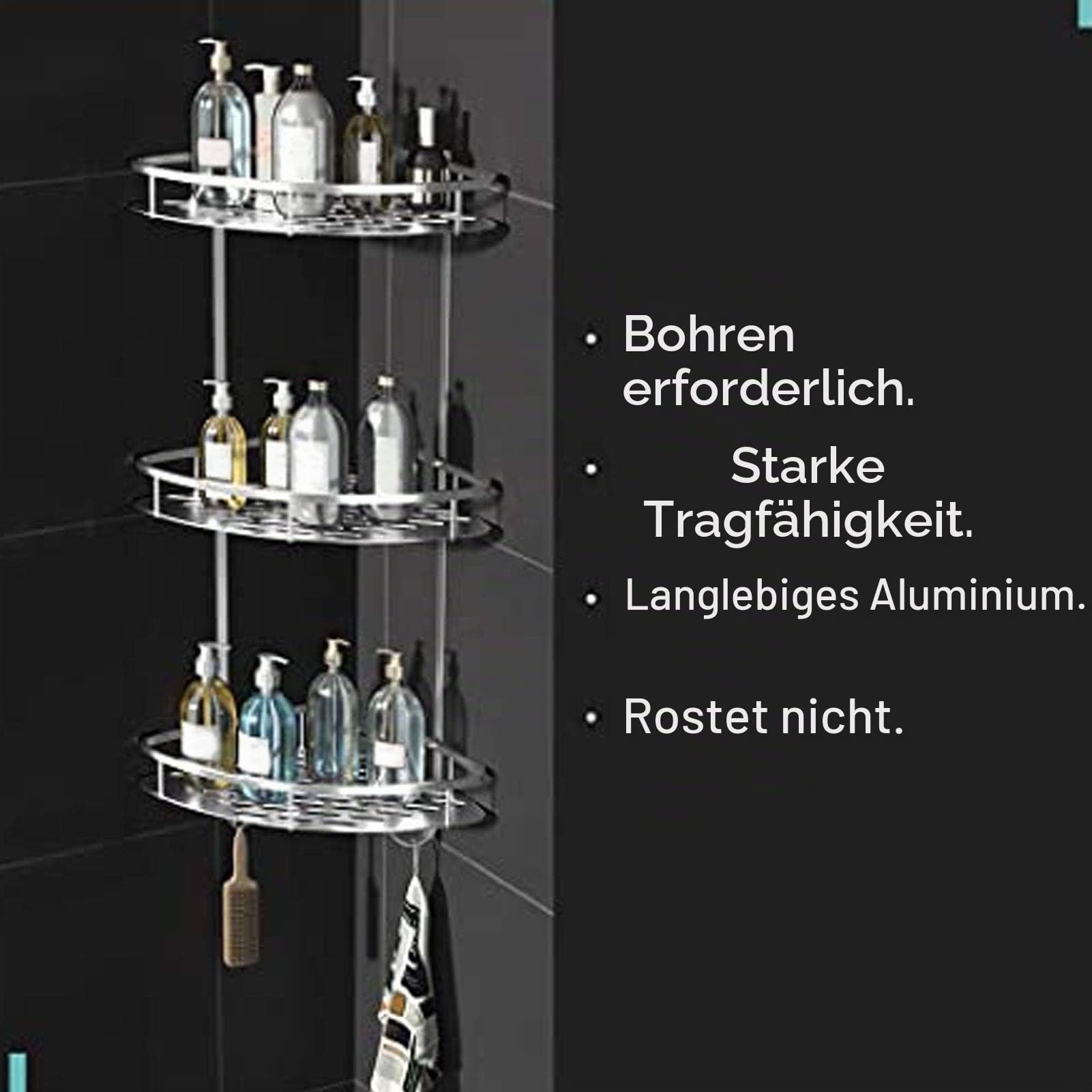 Tissting Eck Duschablage mit 3 Ebenen, Saug Eck Duschablage Eck Lagerregal Wandmontage Duschhalter mit Haken für Toilette, Küche