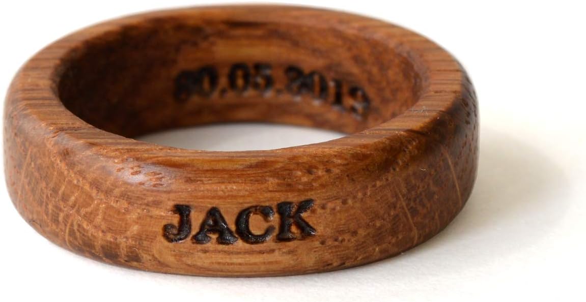 Whiskey Barrel Oak Ring – Personalized Wooden Band with Custom Initial Engraving
